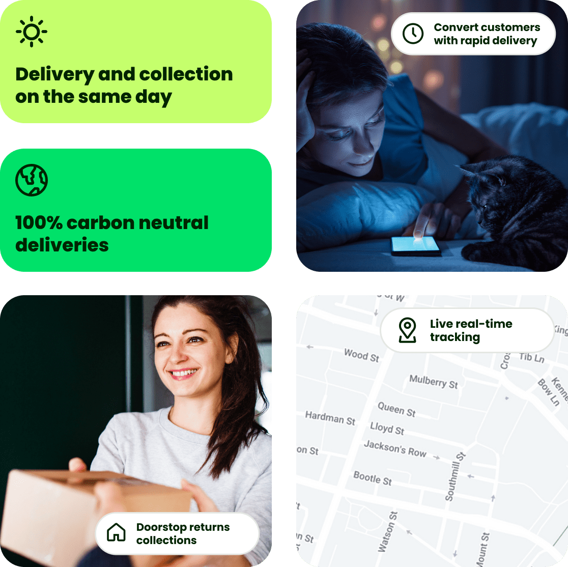 Collect and deliver parcels on the same day - hassle-free return collections - real-time tracking